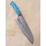 Japanese santoku Knife - TAKESHI SAJI - Stainless Damascus R2 Steel diamond finish - blue turquoise Handle - Size: 18cm