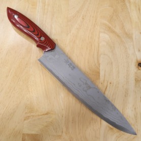 Couteau de cuisine japonais - KAZUO NOMURA - Shirogami 2 - Suminagashi - manche en micarta rouge - Taille : 18/21cm