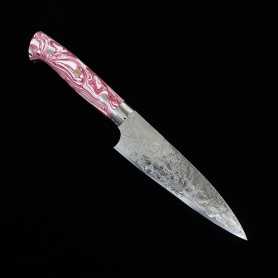 Couteau japonais petty - TAKESHI SAJI - Damas R2 finition diamant - rouge et blanc turquoise - Taille:13.5/15cm