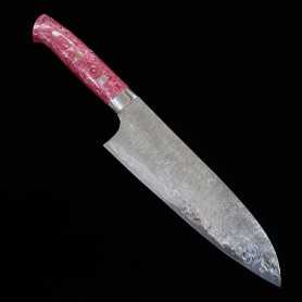 Couteau japonais santoku - TAKESHI SAJI - Acier Damas R2 inoxydable finition diamant - manche turquoise rouge et blanc - 18cm