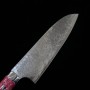 Couteau japonais santoku - TAKESHI SAJI - Acier Damas R2 inoxydable finition diamant - manche turquoise rouge et blanc - 18cm