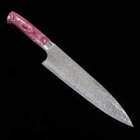 Couteau de Chef Japonais gyuto - TAKESHI SAJI - Acier Damas R2 finition diamant - Manche turquoise rouge et blanc - 21cm