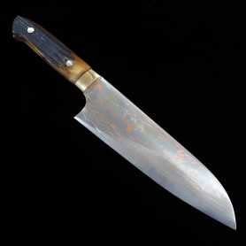 Couteau japonais santoku - TAKESHI SAJI - Acier bleu No.2 Damas - Coloré - Manche en corne de cerf brune - Taille : 18cm