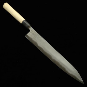 Couteau japonais Sujihiki -Miyazaki Kajiya- Carbon White No2 Soft Iron Clad Damascus -Water quenching- Tsubaki - Taille:27cm
