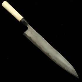 Couteau Japonais Sujihiki -Miyazaki Kajiya- Carbon Blue No2 Soft Iron Clad Damascus -Water quenching- Tsubaki - Taille:27cm