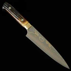 Petit Couteau Japonais - TAKESHI SAJI - Acier Bleu No.2 Damas - Coloré - Manche en corne de cerf brune - Taille : 13cm