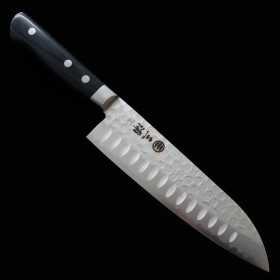 Couteau du Santoku Japonais - MIURA - Acier bleu au carbone - Finition martelée - Fossettes - Taille : 17.5cm