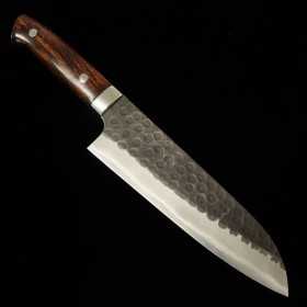 Couteau du Santoku Japonais - SAJI TAKESHI - Acier bleu super carbone - Finition martelée - Kurouchi - Taille : 18cm