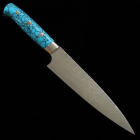 Petit couteau japonais - TAKESHI SAJI - Acier inoxydable Damas R2 finition diamant - manche bleu turquoise - Taille : 13,5/15cm