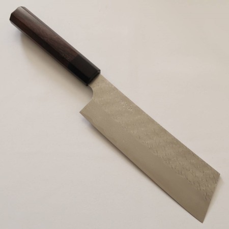 Japanese Kiritsuke Nakiri Knife - NIGARA - SPG STRIX - Hammered Damascus Finish - Rose Wood Handle - Size:18cm