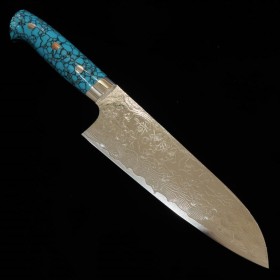 Japanese santoku Knife - TAKESHI SAJI - Stainless Damascus R2 Steel diamond finish - blue turquoise Handle - Size: 18cm