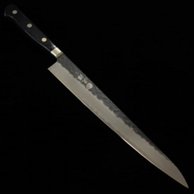 Japanese Sujihiki/Slicer Knife - MIURA - Super Blue Carbon Steel - Kurouchi - Hammerd - Black Handle - size: 24cm