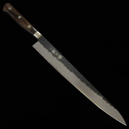 Japanese Sujihiki / Slicer Knife - MIURA - Super Blue Carbon Steel - Kurouchi - Hammerd - Brown Hadle -size: 24cm