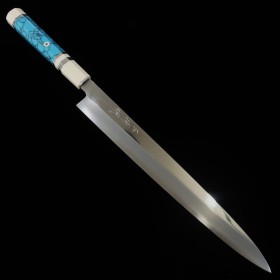 Japanese yanagiba knife - MIURA Obidama - VG10 - Mirrored - Turquoise custom handle - Size:30cm