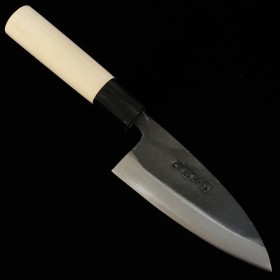 Japanese Kodeba knife - HIDARI YORIMITSU - White carbon - Kurouchi - Magnoliawood handle - size: 12cm
