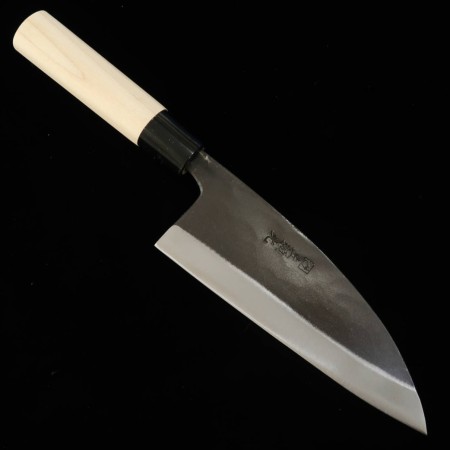 Japanese Deba knife - HIDARI YORIMITSU - White carbon - Kurouchi - Magnoliawood handle - size: 16.5cm