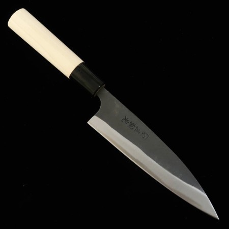 Japanese Ajikiri knife - HIDARI YORIMITSU - Kurouchi - White carbon - Magnoliawood handle - size: 14.5cm