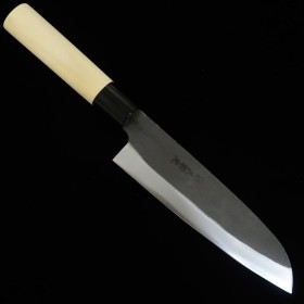 Japanese Santoku knife - HIDARI YORIMITSU - White carbon - Kurouchi - Magnoliawood handle - size: 19cm