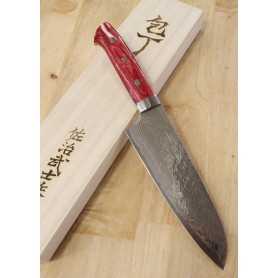 Couteau japonais santoku - TAKESHI SAJI - Acier inoxydable Damas R2 finition diamant - Manche rouge turquoise - Taille : 17,5cm